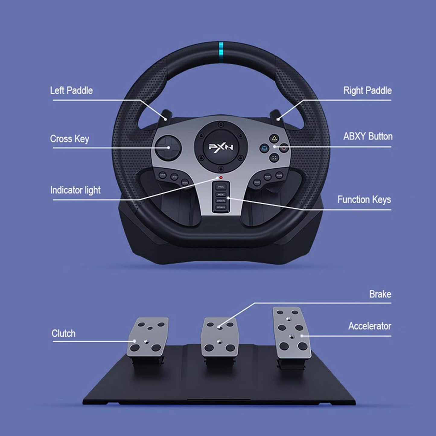 PXN V9 Gaming Steering Wheel with Pedal PXN-V9 Gamepad Racing Manual Transmission Vibration For PC / PS / Xbox / Switch