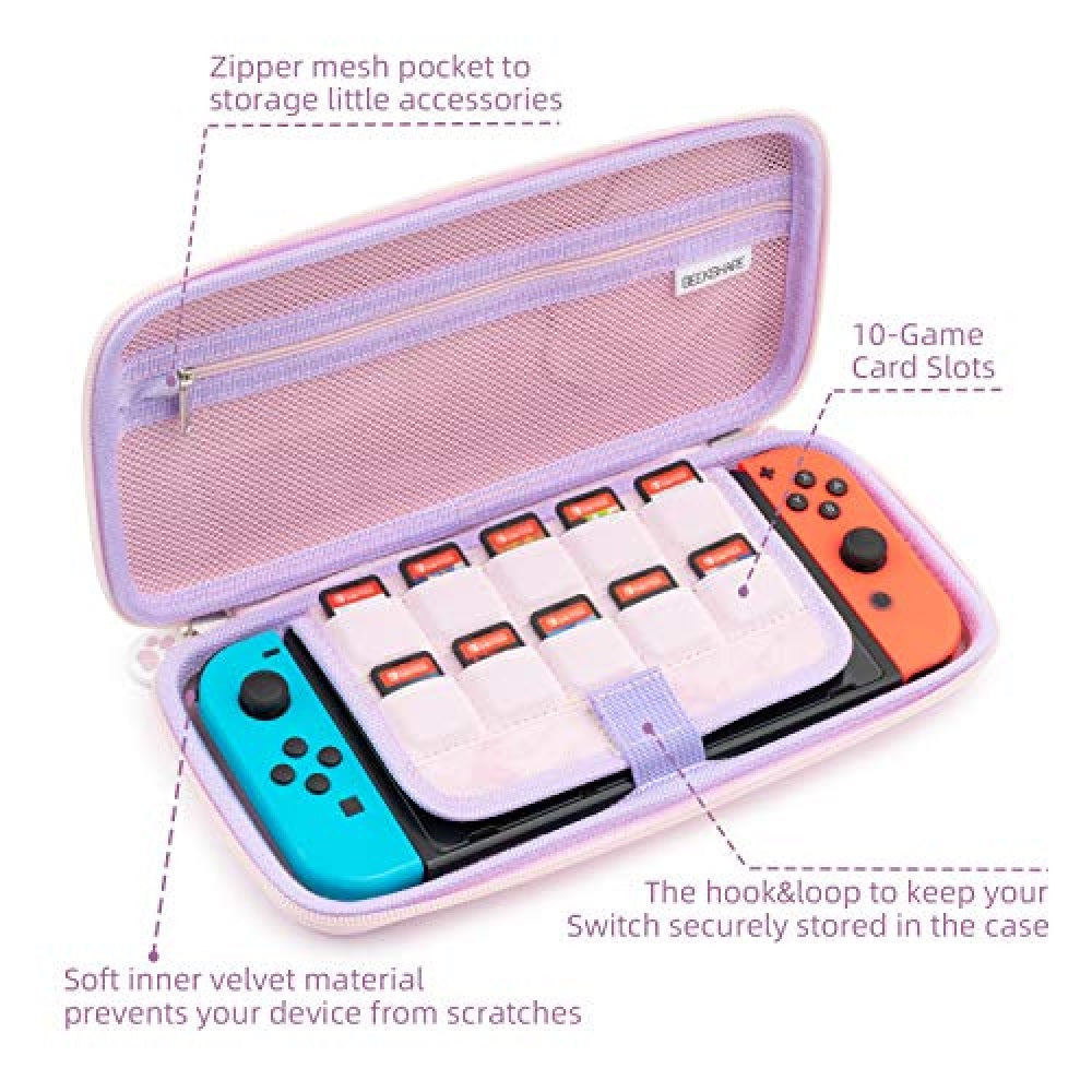 GEEKSHARE Nintendo Switch Slim Hard Carrying Case | PU Material | Cute & Eye-Catching | Carrying Case For Nintendo Switch V1 / V2 / OLED (Purple Cat Paw)