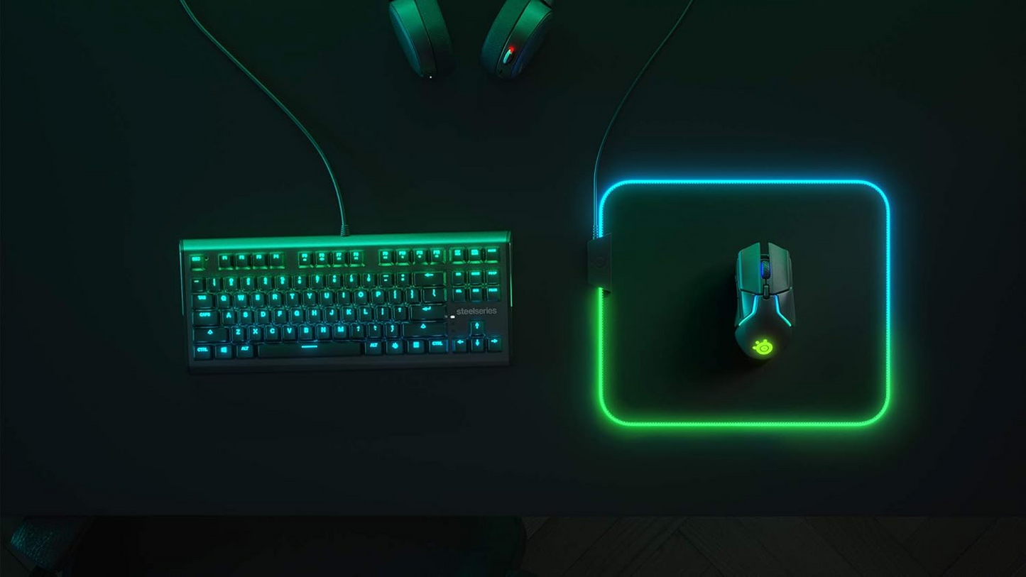 STEELSERIES QcK Prism | Anti-slip Rubber Base | Micro-woven Cloth Surface | Anti-fraying Stitched Edge | RGB Dynamic Illumination | Customizable RGB | RGB Gaming Mousepad (Black / 320mm x 270mm x 4mm)