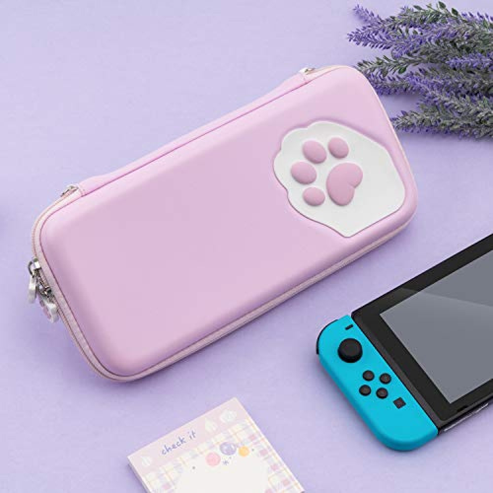GEEKSHARE Nintendo Switch Slim Hard Carrying Case | PU Material | Cute & Eye-Catching | Carrying Case For Nintendo Switch V1 / V2 / OLED (Purple Cat Paw)
