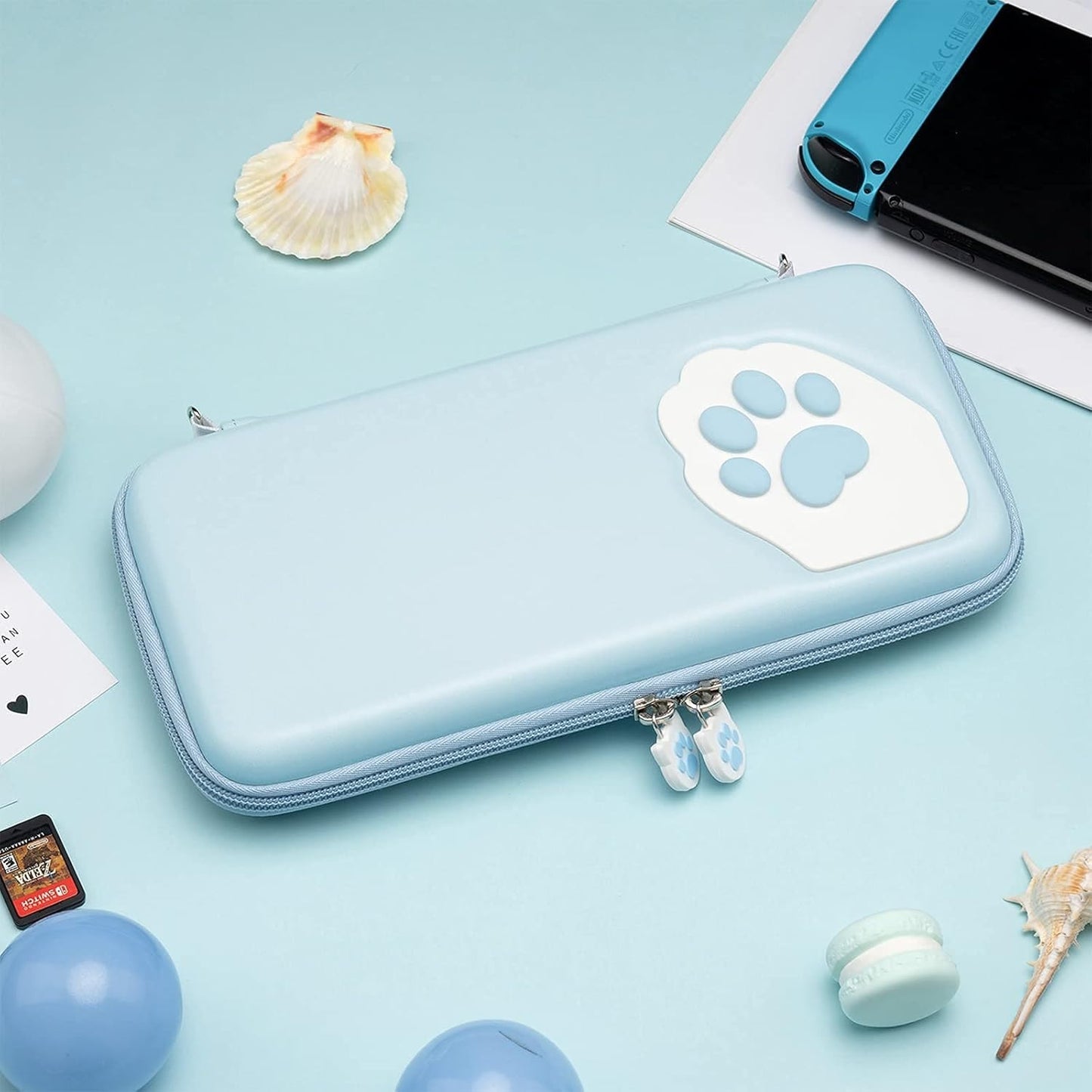GEEKSHARE Nintendo Switch Slim Hard Carrying Case | PU Material | Cute & Eye-Catching | Carrying Case For Nintendo Switch V1 / V2 / OLED (Blue Cat Paw)