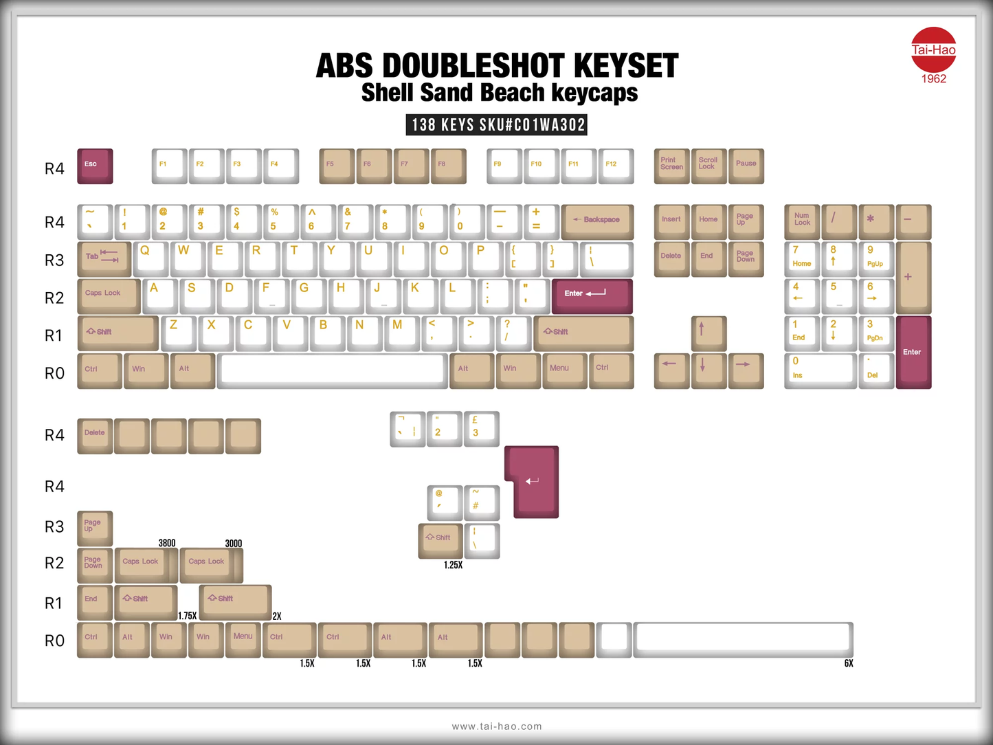 TAI-HAO Double Shot 138 Keycaps Set | ABS | US Layout | Cherry MX Switch Types | Keyboard Keycaps (Shell Sand Beach)