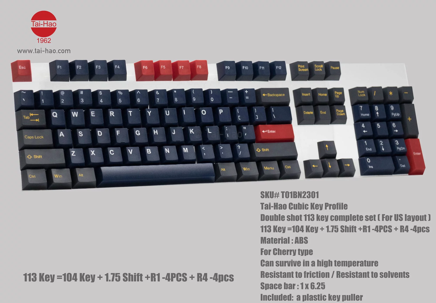 TAI-HAO Double Shot 113 Keycaps Set | ABS | Cubic OEM Profile | US Layout | Cherry MX Switch Types | Keyboard Keycaps (Midnight Sun)