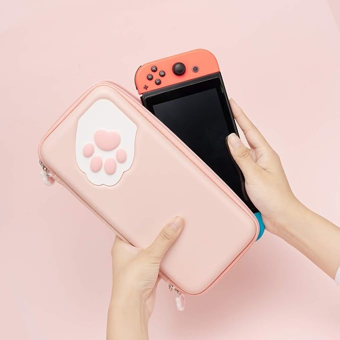 GEEKSHARE Nintendo Switch Slim Hard Carrying Case | PU Material | Cute & Eye-Catching | Carrying Case For Nintendo Switch V1 / V2 / OLED (Pink Cat Paw)
