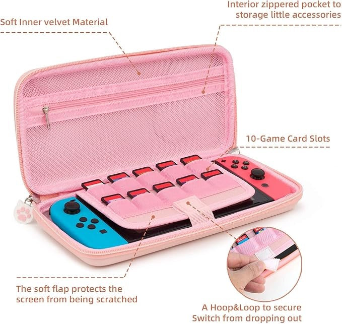 GEEKSHARE Nintendo Switch Slim Hard Carrying Case | PU Material | Cute & Eye-Catching | Carrying Case For Nintendo Switch V1 / V2 / OLED (Pink Cat Paw)