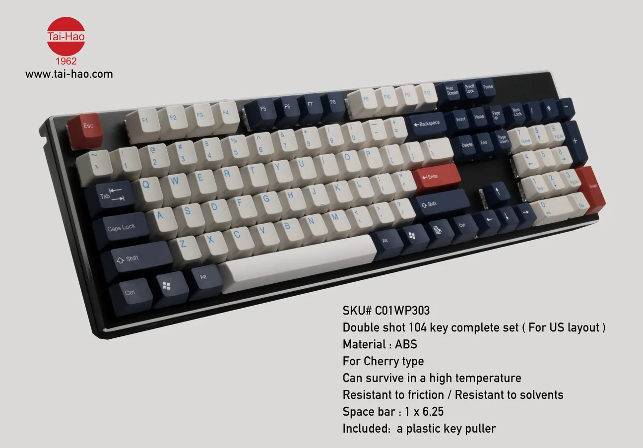TAI-HAO Double Shot 104 Keycaps Set | ABS | US Layout | Cherry MX Switch Types | Keyboard Keycaps (England Blue)