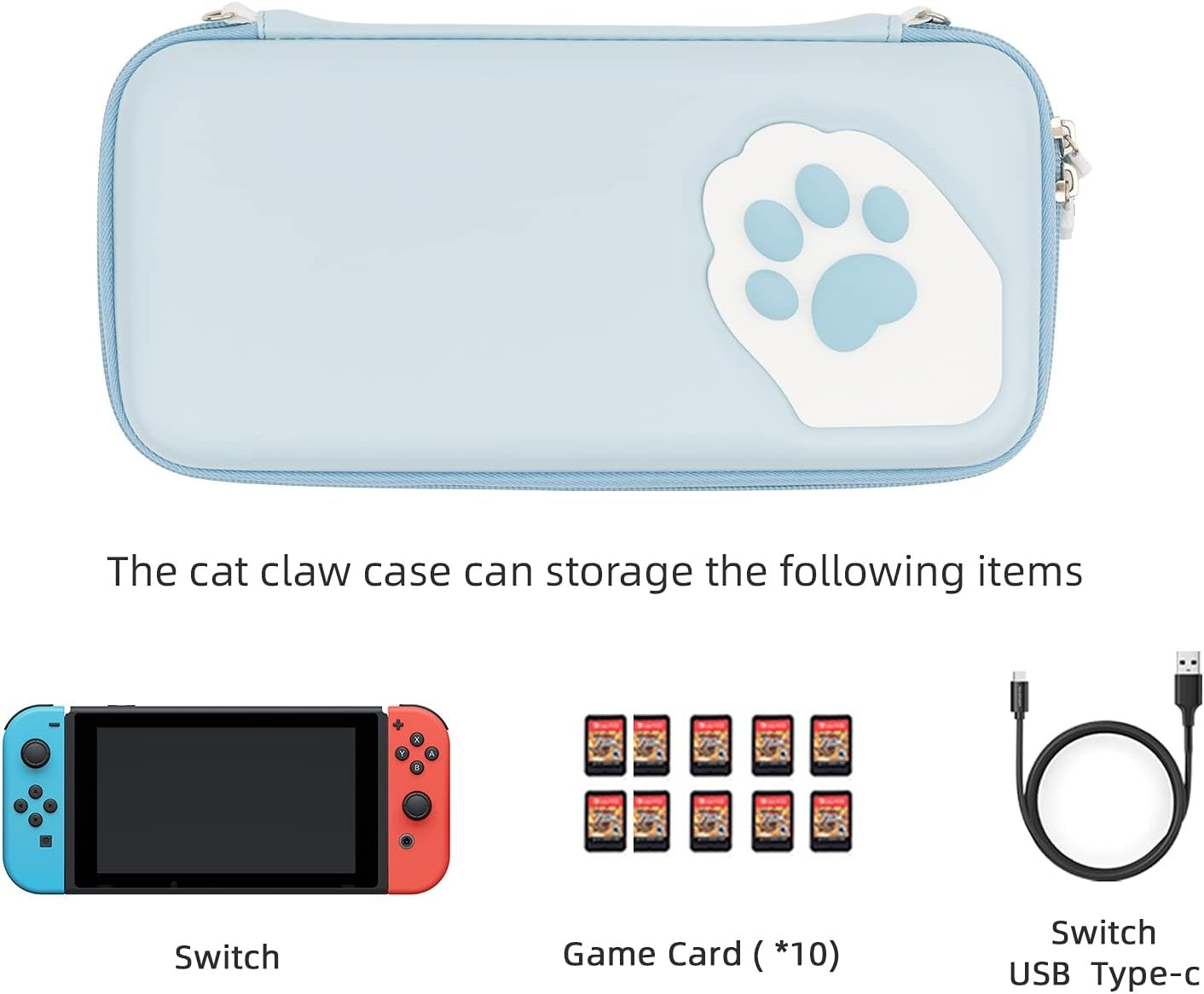 GEEKSHARE Nintendo Switch Slim Hard Carrying Case | PU Material | Cute & Eye-Catching | Carrying Case For Nintendo Switch V1 / V2 / OLED (Blue Cat Paw)