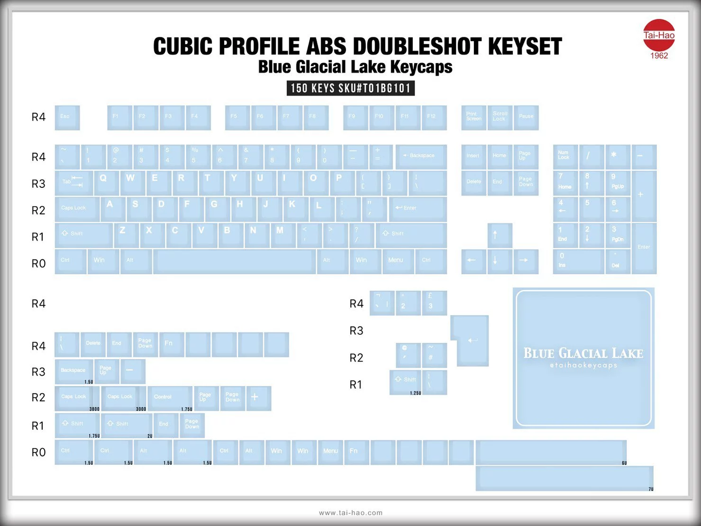 TAI-HAO Double Shot 150 Keycaps Set | ABS | Cubic OEM Profile | US Layout | Cherry MX Switch Types | Keyboard Keycaps (Blue Glacial Lake)