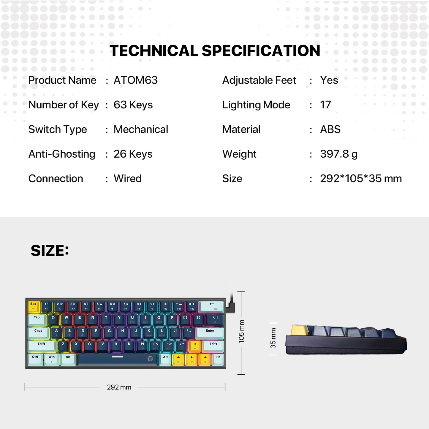 FANTECH MK874 V2 Atom 63 | Mechanical Switches | 63 Keys | 26 Keys Anti-Ghosting | 17 RGB Modes | 3-PIN Hot Swap | Wired RGB Gaming Keyboard (Mizu Skyblue Edition)
