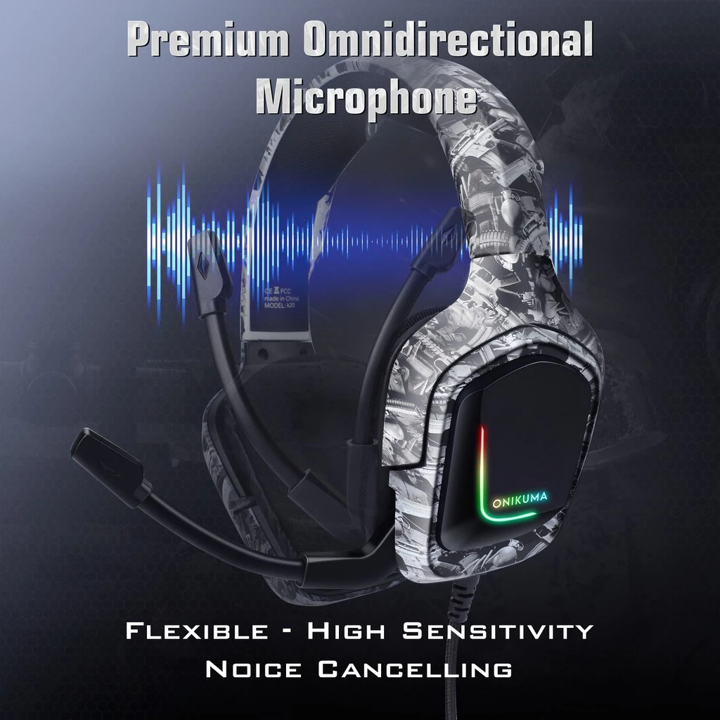 ONIKUMA K20 | 50mm Driver | 7.1 Surround Sound | Adjustable Omnidirectional Noise-Cancelling Microphone | Ergonomic | Wired RGB Gaming Headphones & Headsets (Camouflage Grey)
