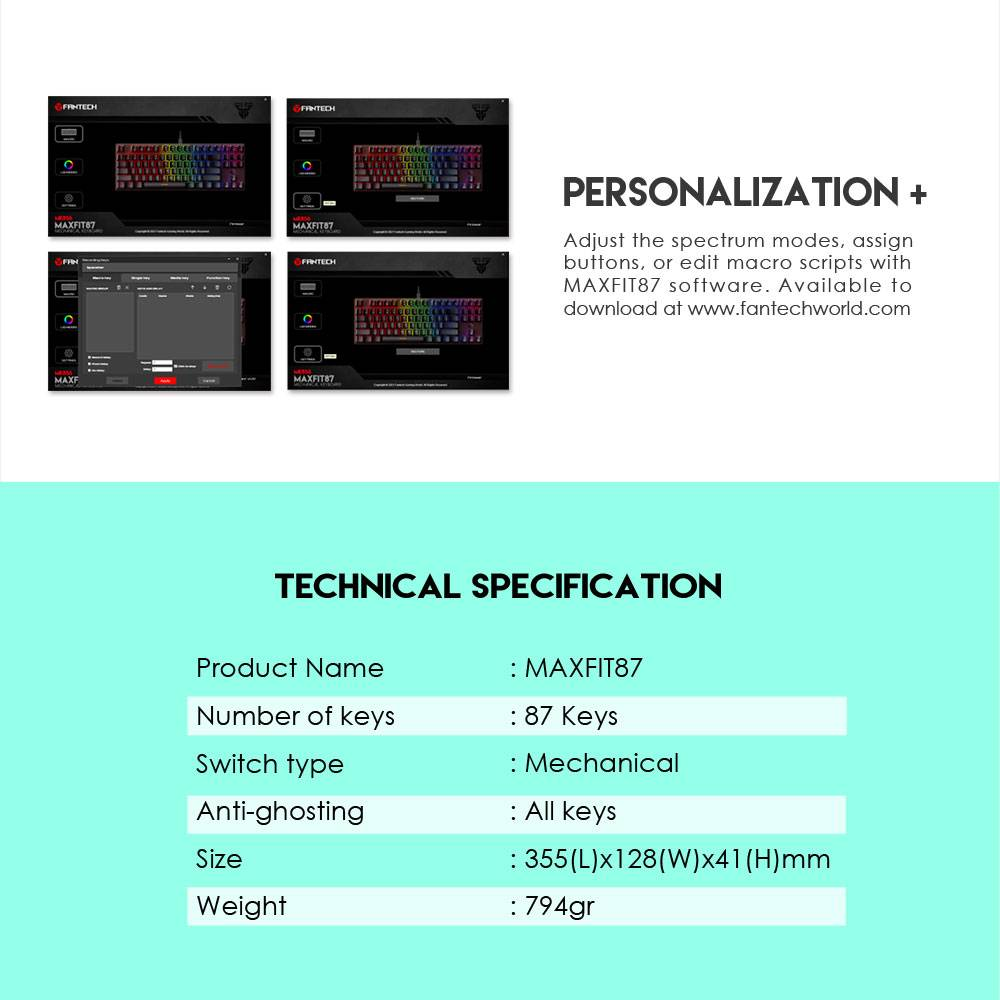 FANTECH MK856 MAXFIT87 | Mechanical Switches | 87 Keys | Full Key Anti-Ghosting | 22 Gradient RGB Modes | Programmable Macro Wired RGB Gaming Keyboard (Mint Edition)