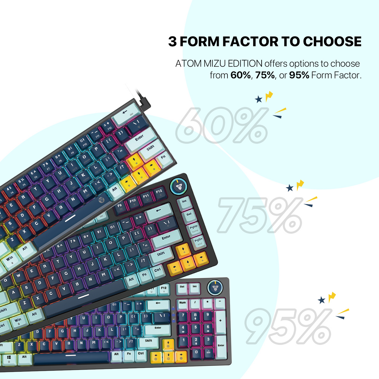 FANTECH MK874 V2 Atom 63 | Mechanical Switches | 63 Keys | 26 Keys Anti-Ghosting | 17 RGB Modes | 3-PIN Hot Swap | Wired RGB Gaming Keyboard (Mizu Skyblue Edition)