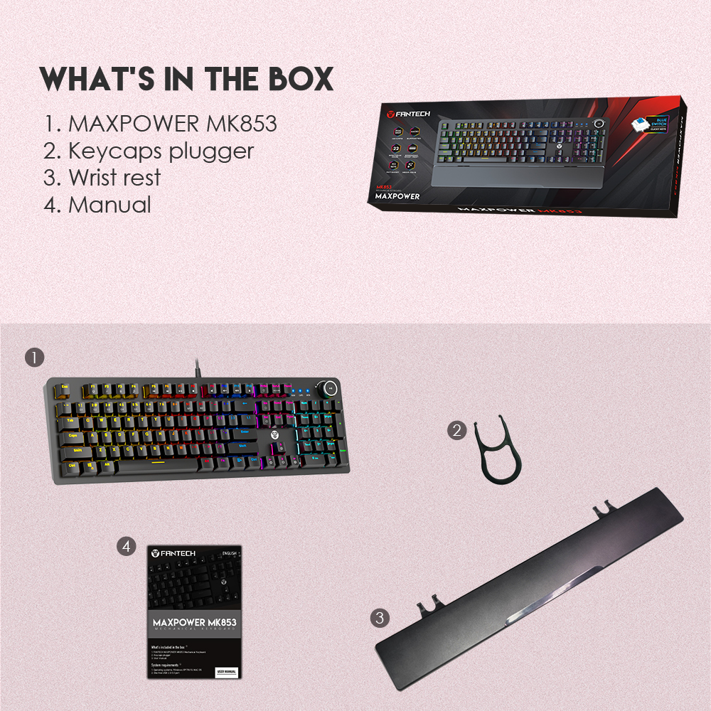FANTECH MK853 V2 MAXPOWER | Red Mechanical Switches | 104 Keys | Full Key Anti-Ghosting | 22 Gradient RGB Modes | Ergonomic Wrist Rest | Wired RGB Gaming Keyboard (Black)