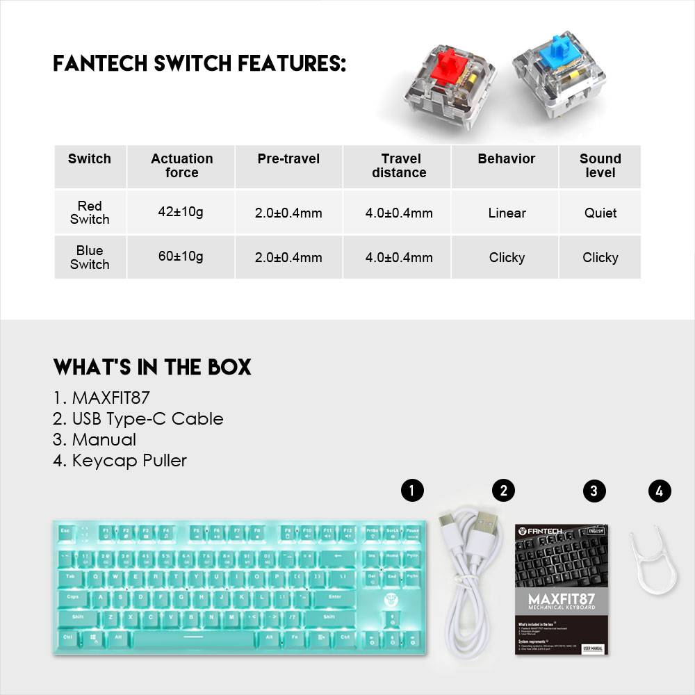 FANTECH MK856 MAXFIT87 | Mechanical Switches | 87 Keys | Full Key Anti-Ghosting | 22 Gradient RGB Modes | Programmable Macro Wired RGB Gaming Keyboard (Mint Edition)