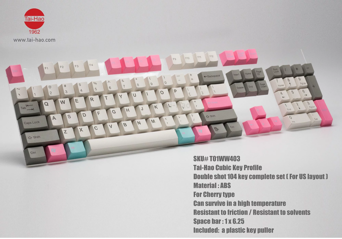 TAI-HAO Double Shot 104 Keycaps Set | ABS | US Layout | Cherry MX Switch Types | Keyboard Keycaps (Grey & Blue & Pink)