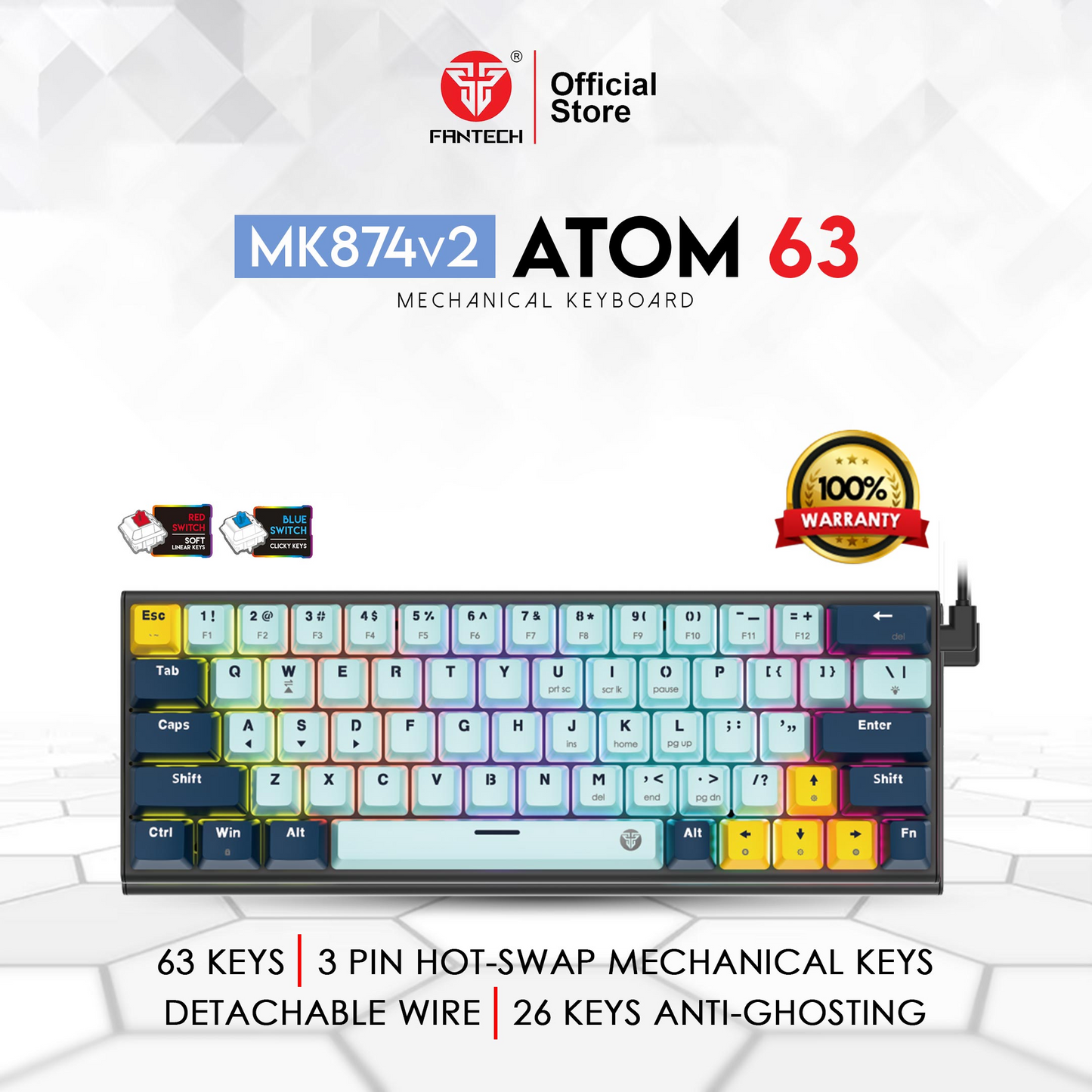 FANTECH MK874 V2 Atom 63 | Mechanical Switches | 63 Keys | 26 Keys Anti-Ghosting | 17 RGB Modes | 3-PIN Hot Swap | Wired RGB Gaming Keyboard (Mizu Skyblue Edition)