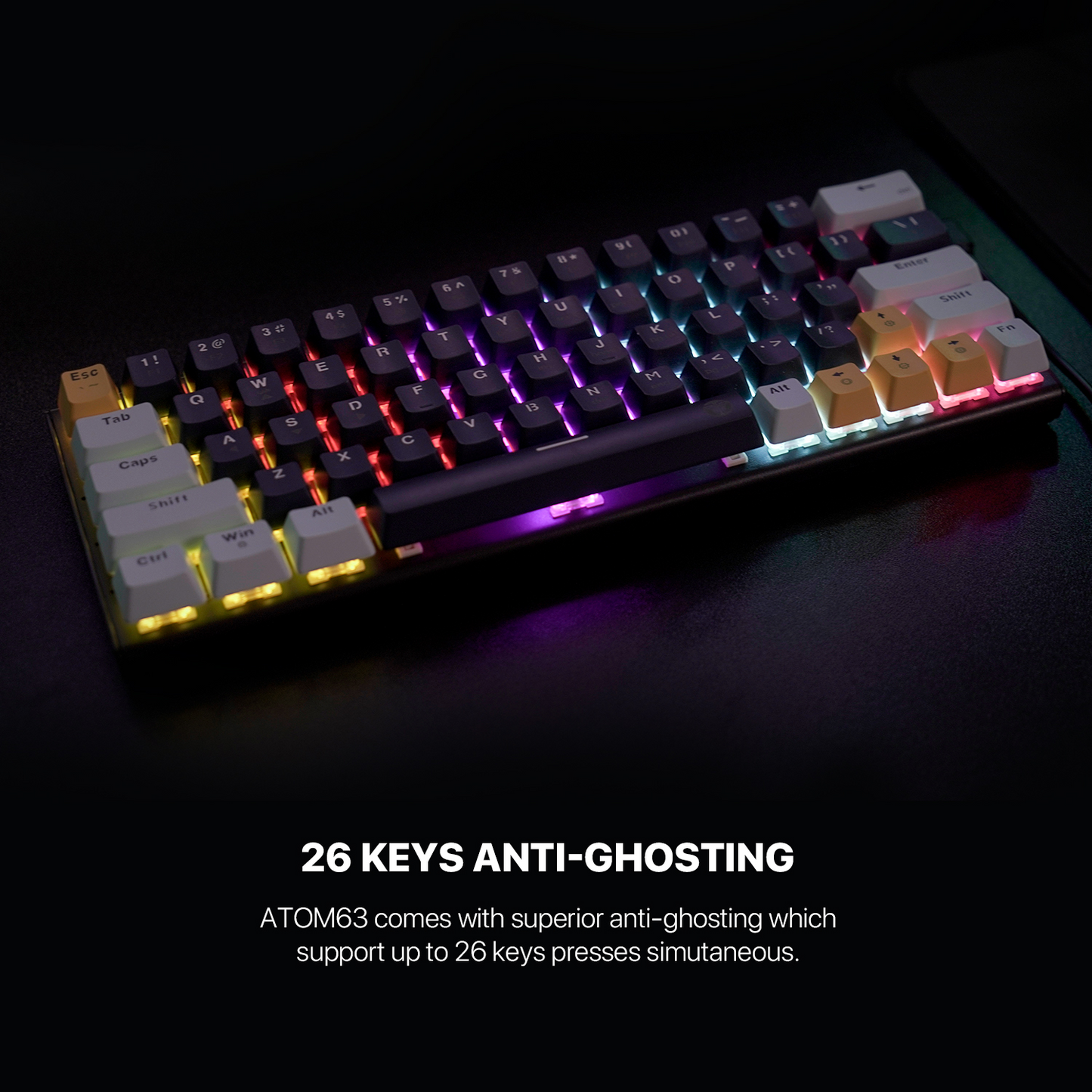 FANTECH MK874 V2 Atom 63 | Mechanical Switches | 63 Keys | 26 Keys Anti-Ghosting | 17 RGB Modes | 3-PIN Hot Swap | Wired RGB Gaming Keyboard (Mizu Skyblue Edition)