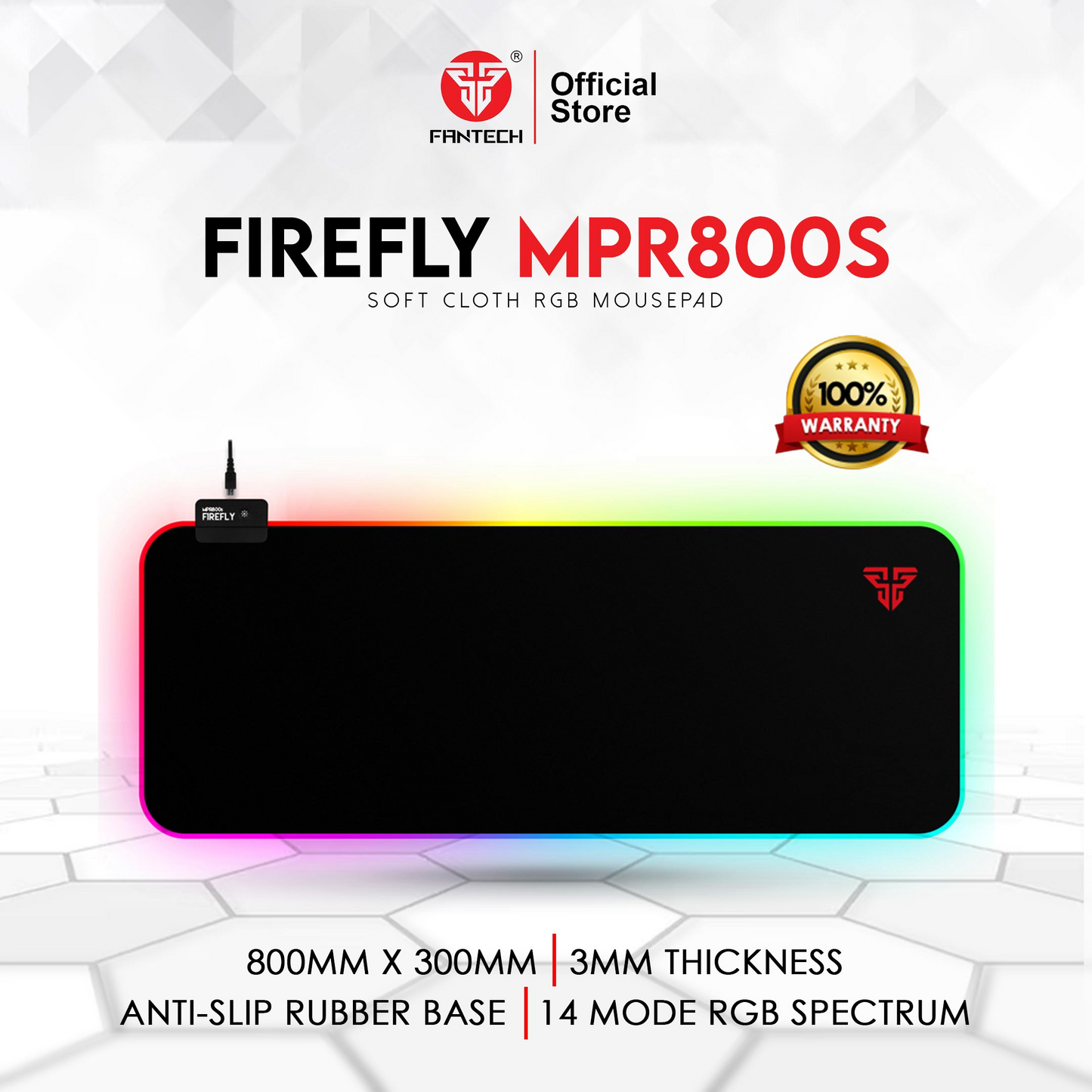 FANTECH MPR800S Firefly | 4 Mode RGB Spectrum Lighting | Soft Cloth | Anti-slip Rubber Base | RGB Gaming Mousepad (Black / 800mm x 300mm x 4mm)