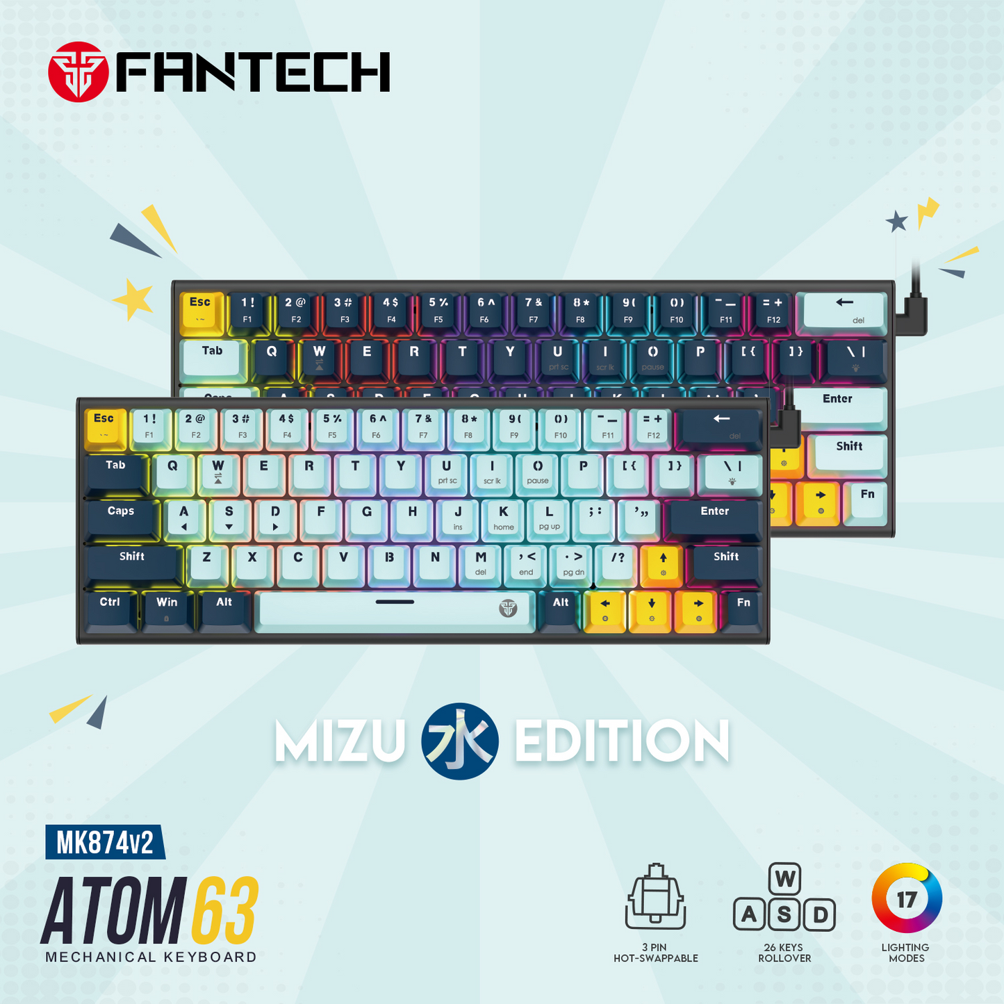 FANTECH MK874 V2 Atom 63 | Mechanical Switches | 63 Keys | 26 Keys Anti-Ghosting | 17 RGB Modes | 3-PIN Hot Swap | Wired RGB Gaming Keyboard (Mizu Skyblue Edition)