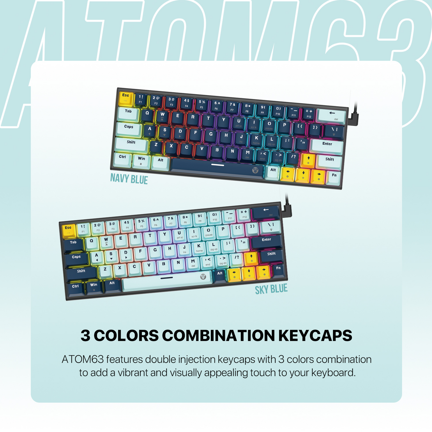 FANTECH MK874 V2 Atom 63 | Mechanical Switches | 63 Keys | 26 Keys Anti-Ghosting | 17 RGB Modes | 3-PIN Hot Swap | Wired RGB Gaming Keyboard (Mizu Skyblue Edition)