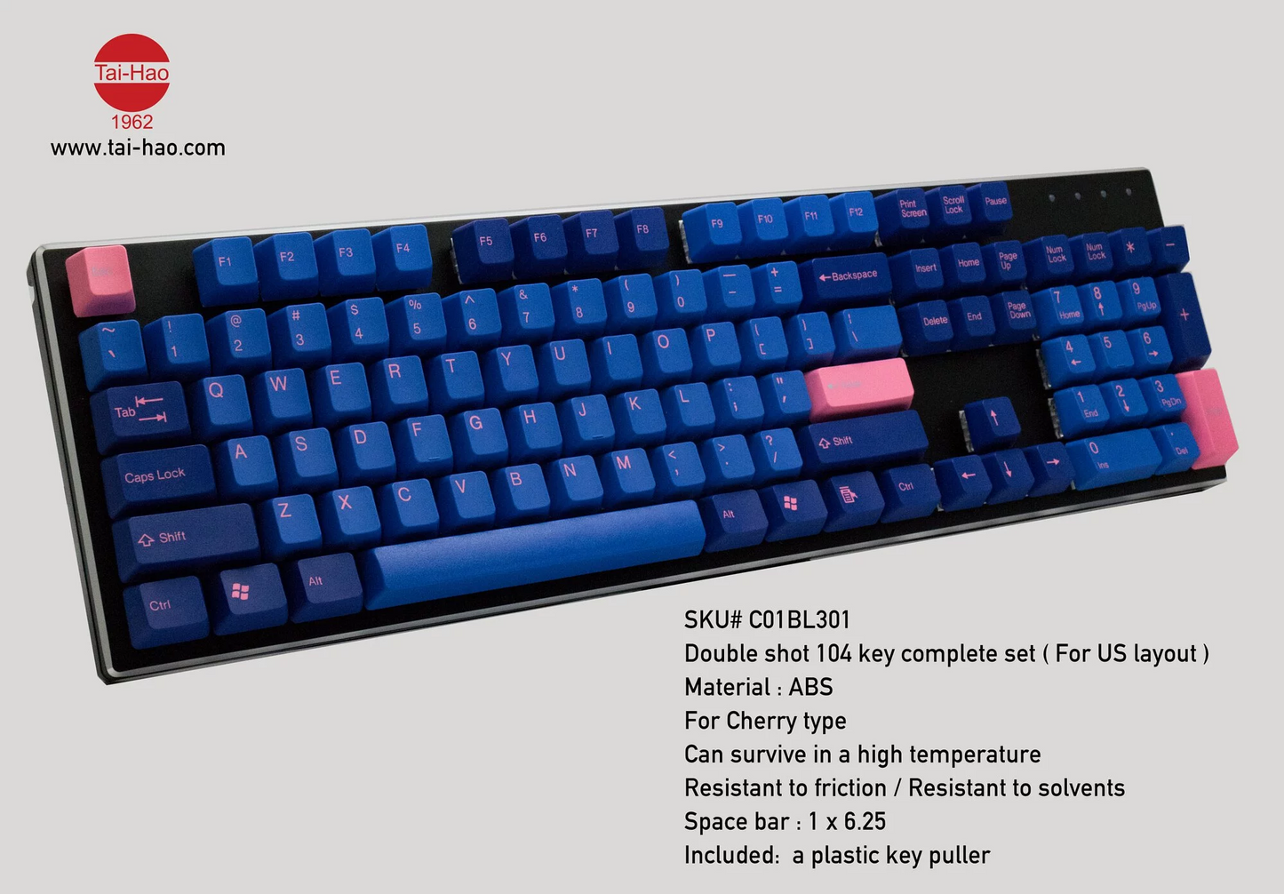 TAI-HAO Double Shot 104 Keycaps Set | ABS | US Layout | Cherry MX Switch Types | Keyboard Keycaps (Pink & Blue)