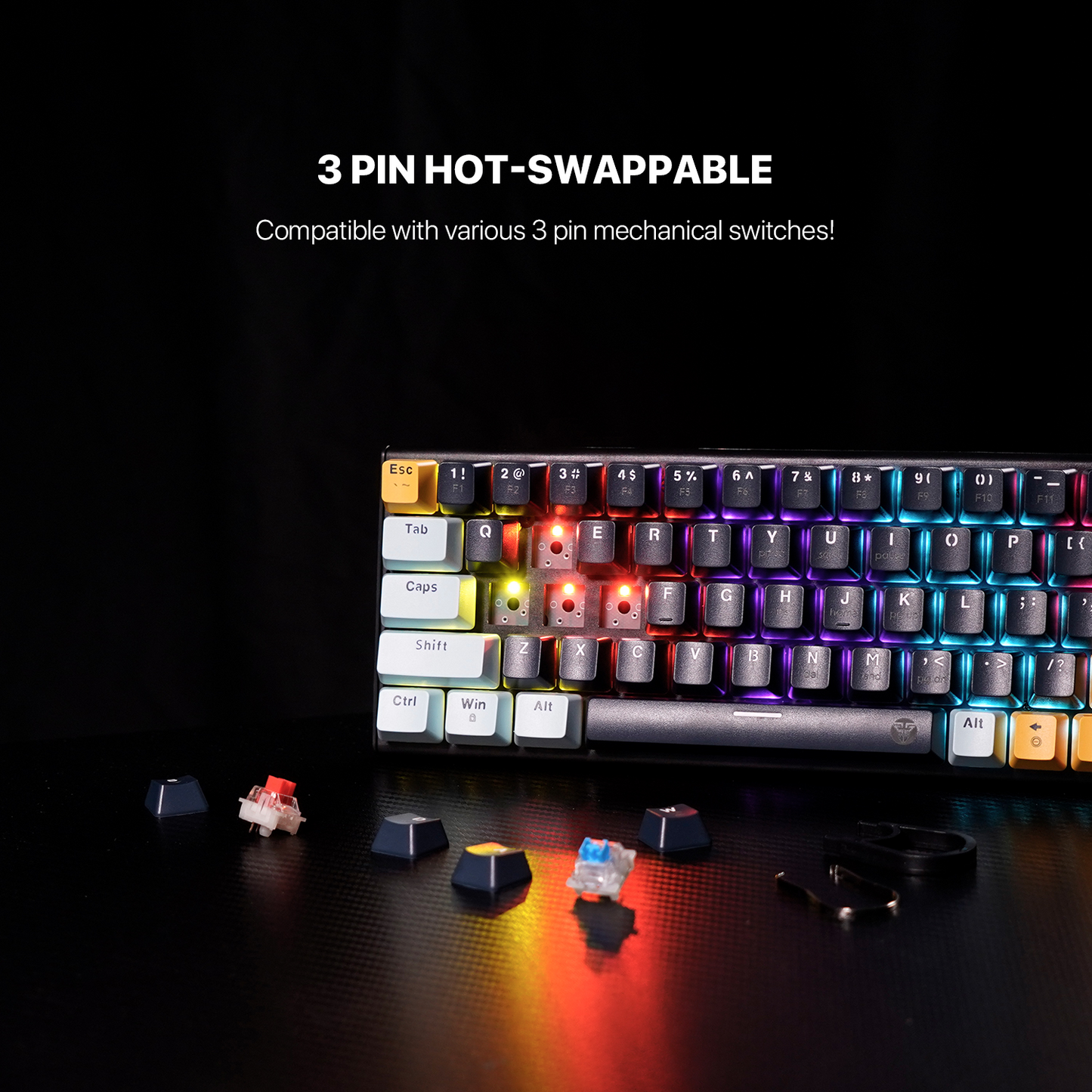 FANTECH MK874 V2 Atom 63 | Mechanical Switches | 63 Keys | 26 Keys Anti-Ghosting | 17 RGB Modes | 3-PIN Hot Swap | Wired RGB Gaming Keyboard (Mizu Skyblue Edition)