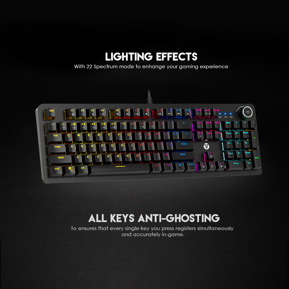 FANTECH MK853 V2 MAXPOWER | Red Mechanical Switches | 104 Keys | Full Key Anti-Ghosting | 22 Gradient RGB Modes | Ergonomic Wrist Rest | Wired RGB Gaming Keyboard (Black)