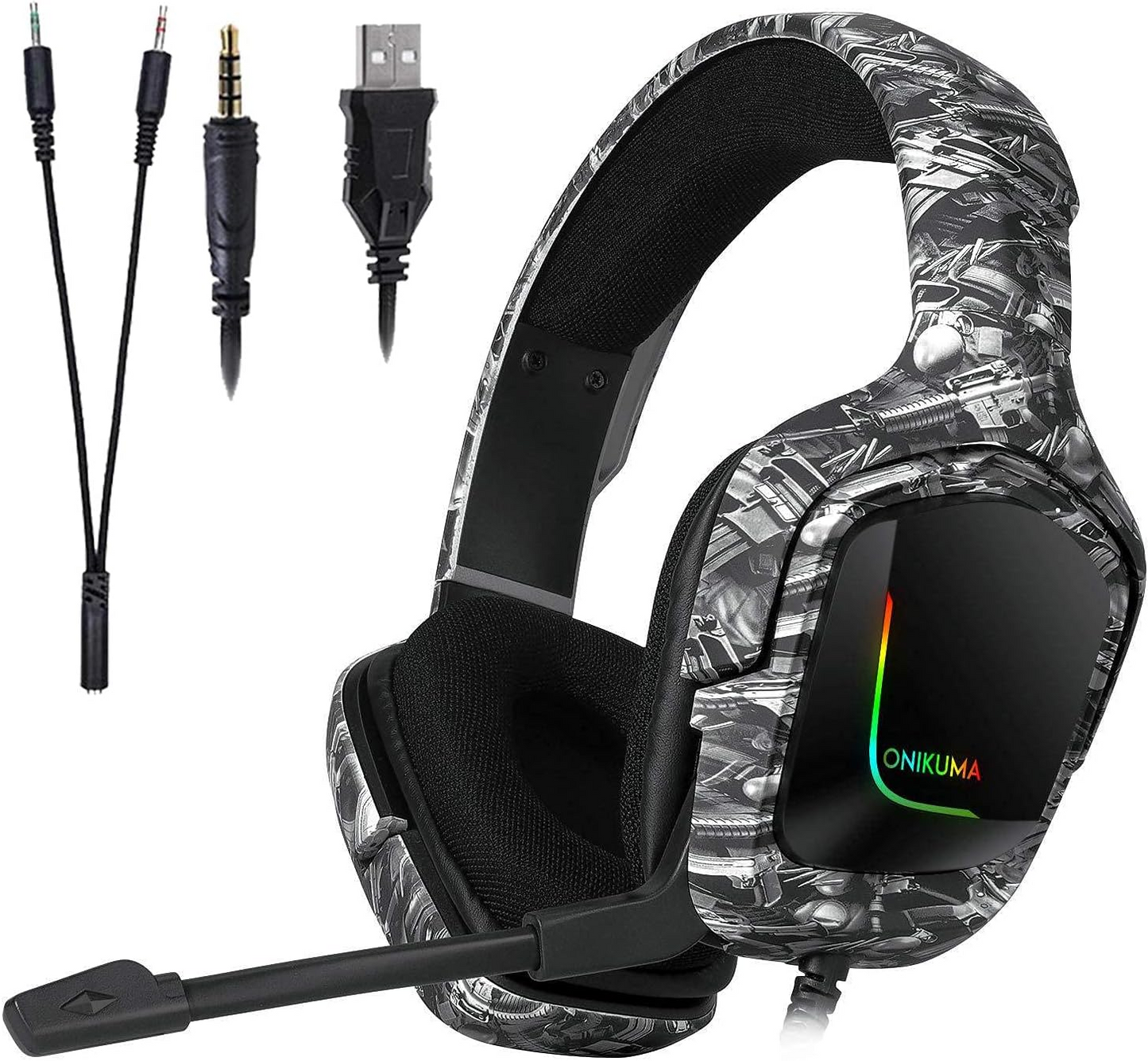 ONIKUMA K20 | 50mm Driver | 7.1 Surround Sound | Adjustable Omnidirectional Noise-Cancelling Microphone | Ergonomic | Wired RGB Gaming Headphones & Headsets (Camouflage Grey)