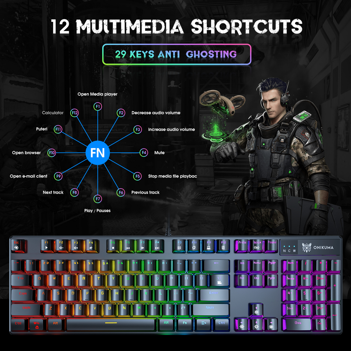 ONIKUMA G27 Chroma | Mechanical Switches | 29 Keys Anti-Ghosting | 6 Color Backlights + 8 Lighting Mode | Ergonomic Design | Wired RGB Gaming Keyboard