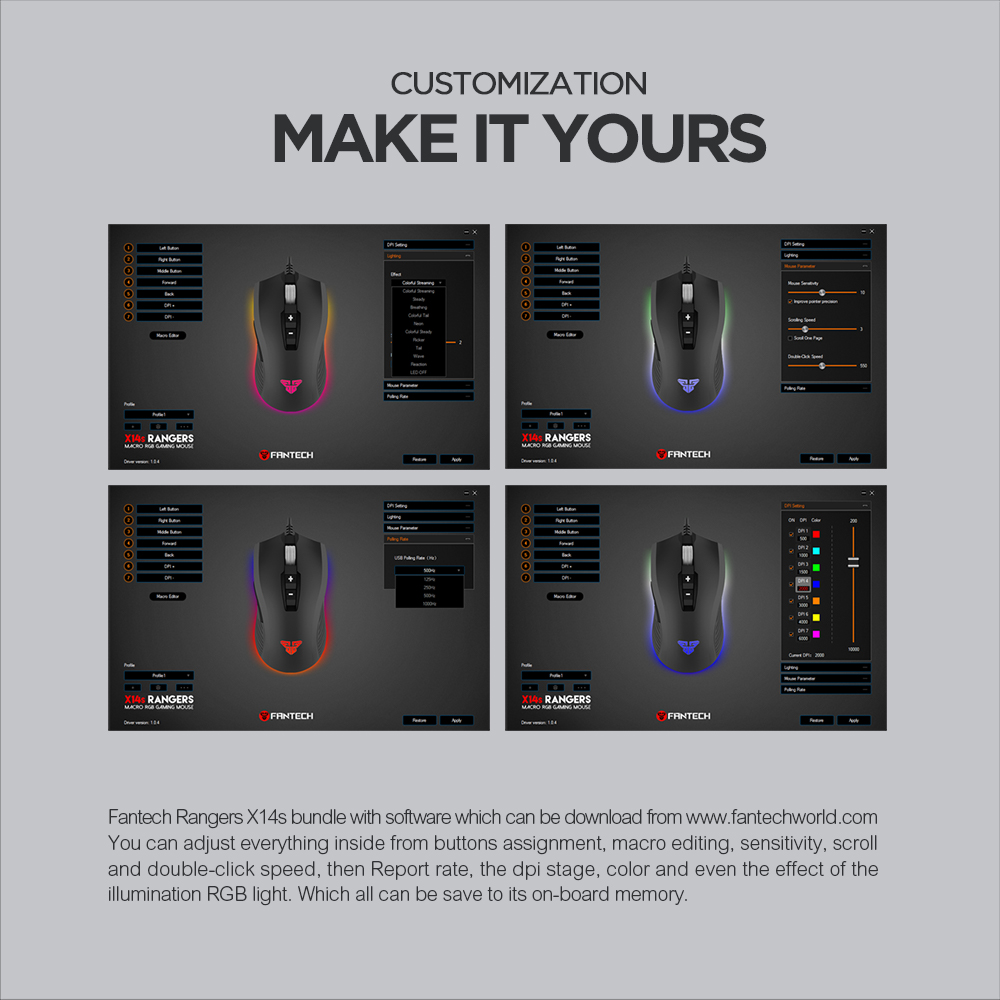 FANTECH X14 Rangers | Adjustable 500 - 4000DPI | Huano 20 Million Switch | 7 Programmable Buttons | Wired Customizable 16.8 Million RGB Gaming Mouse (Black)