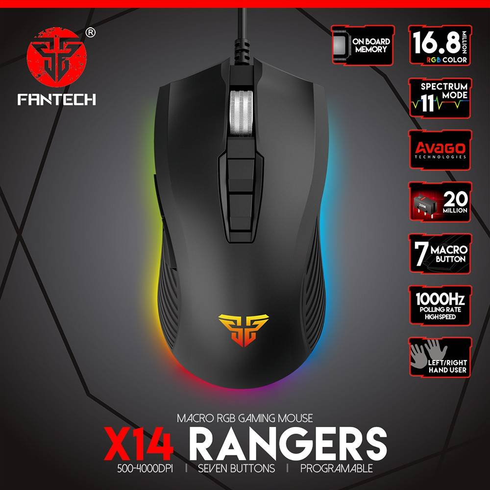 FANTECH X14 Rangers | Adjustable 500 - 4000DPI | Huano 20 Million Switch | 7 Programmable Buttons | Wired Customizable 16.8 Million RGB Gaming Mouse (Black)