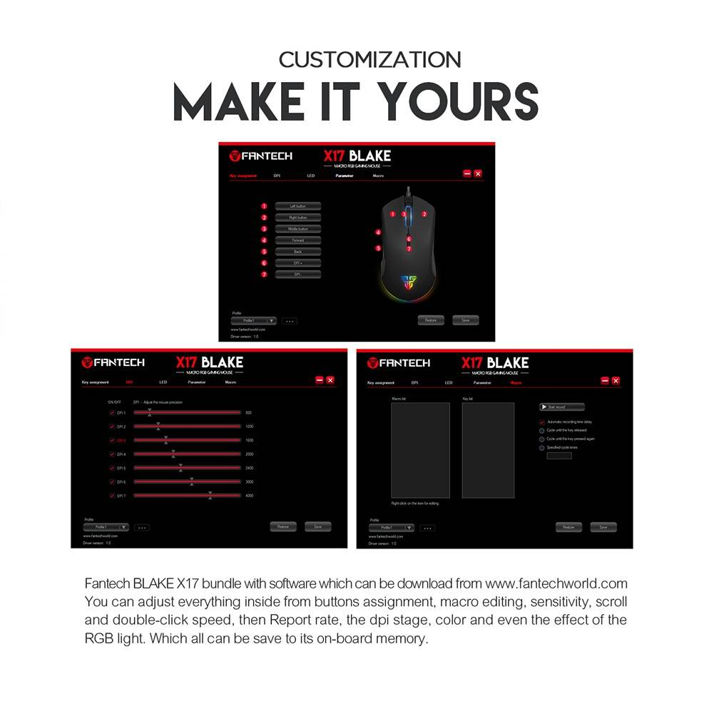 FANTECH X17 Blake | Adjustable 200 - 10000 DPI | Huano 20 Million Switch | 7 Programmable Buttons | Wired Macro RGB Gaming Mouse (Black)