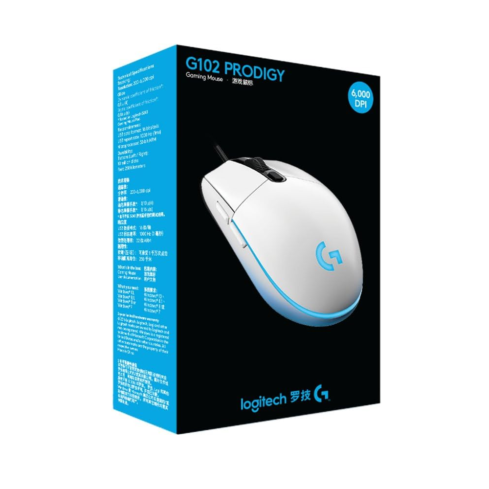 LOGITECH G102 Prodigy | 200 - 8000 DPI | 10 Million Clicks | 6 Programmable Buttons | Lightsync RGB Color Wave |  Wired RGB Gaming Mouse (White)