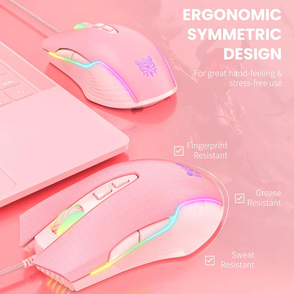 ONIKUMA CW905 | 6 DPI Levels | 7 Programmable Buttons | 7 RGB Light Mode | Ergonomic Symmetric Design | Wired RGB Gaming Mouse (Pink)