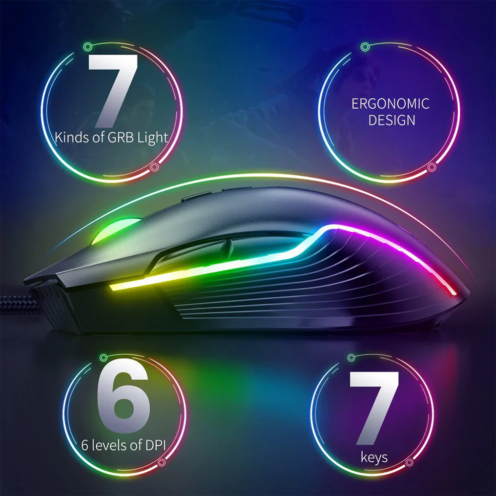 ONIKUMA CW905 | 6 DPI Levels | 7 Programmable Buttons | 7 RGB Light Mode | Ergonomic Symmetric Design | Wired RGB Gaming Mouse (Pink)