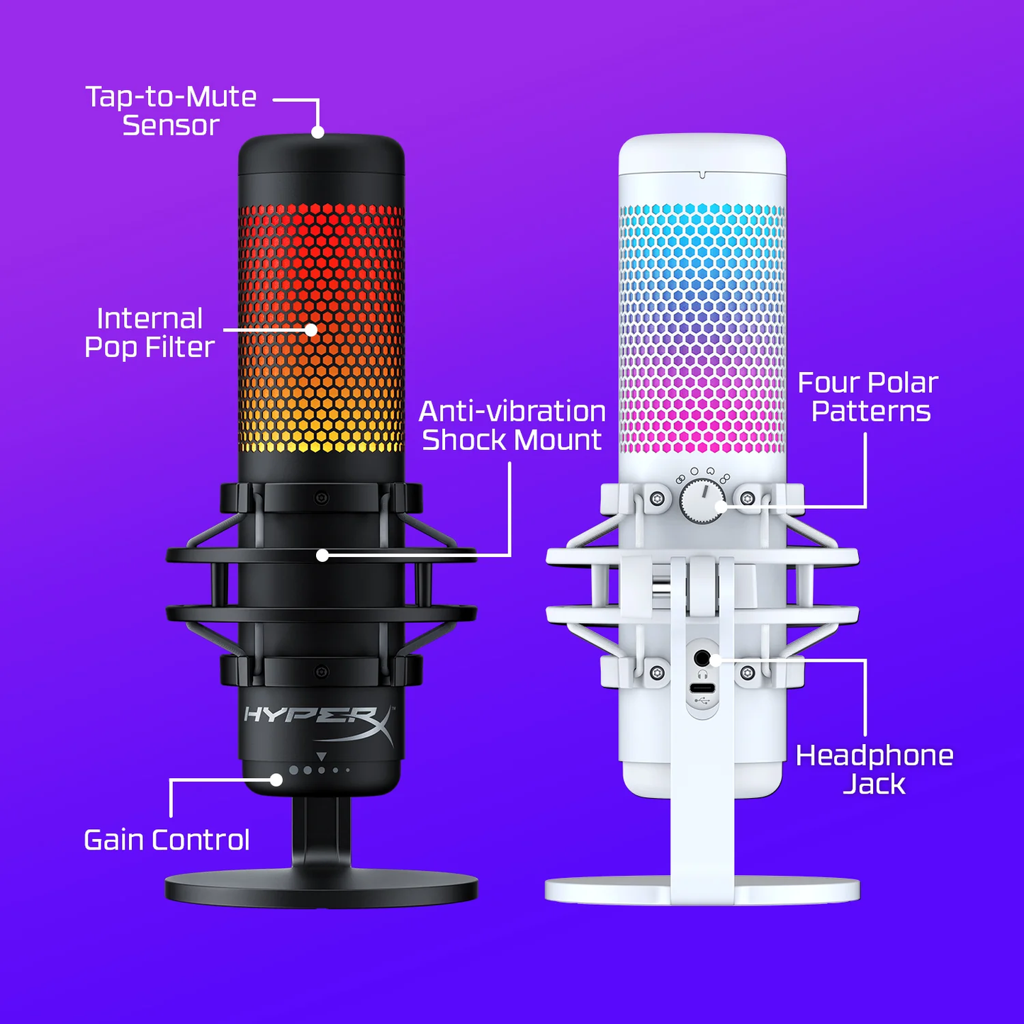 HYPERX QuadCast S | 4 Polar Patterns | Tap-to-mute Sensor | Internal Pop Filter | Dynamic RGB Lighting | Wired Gaming Microphone (Black)