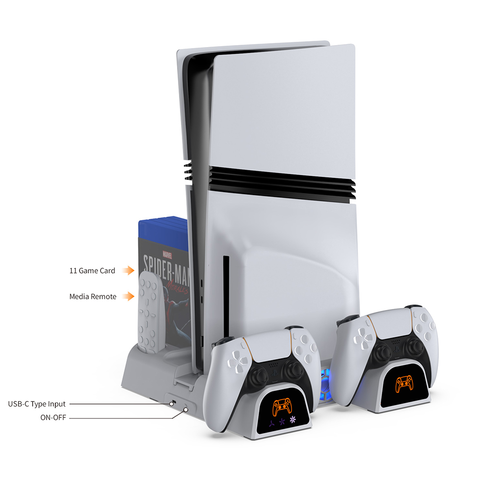 DOBE TP5-3532D Multi-Function Disc Holder & Console Cooling & Dual Controller Charging Dock For PS5 Fat / PS5 Slim / PS5 Pro (White)