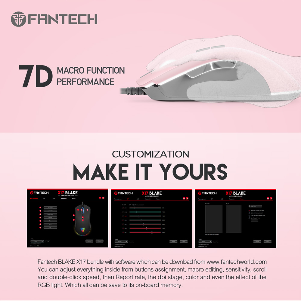 FANTECH X17 Blake | Adjustable 200 - 10000 DPI | Huano 20 Million Switch | 7 Programmable Buttons | Wired Macro RGB Gaming Mouse (Sakura Edition)