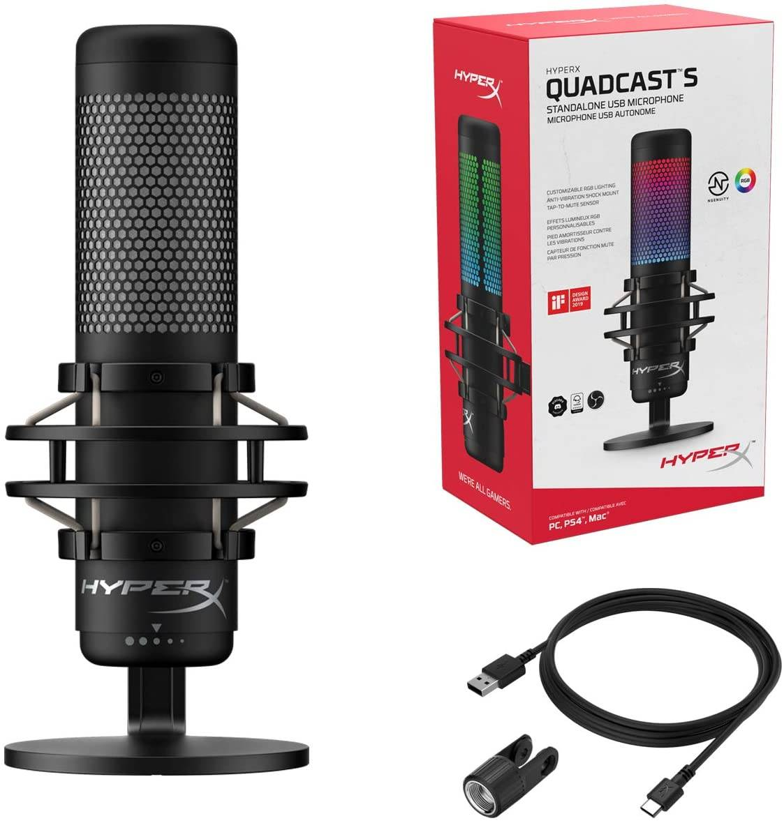 HYPERX QuadCast S | 4 Polar Patterns | Tap-to-mute Sensor | Internal Pop Filter | Dynamic RGB Lighting | Wired Gaming Microphone (Black)