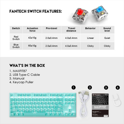 FANTECH MK856 MAXFIT87 | Mechanical Switches | 87 Keys | Full Key Anti-Ghosting | 22 Gradient RGB Modes | Programmable Macro Wired RGB Gaming Keyboard (Mint Edition)