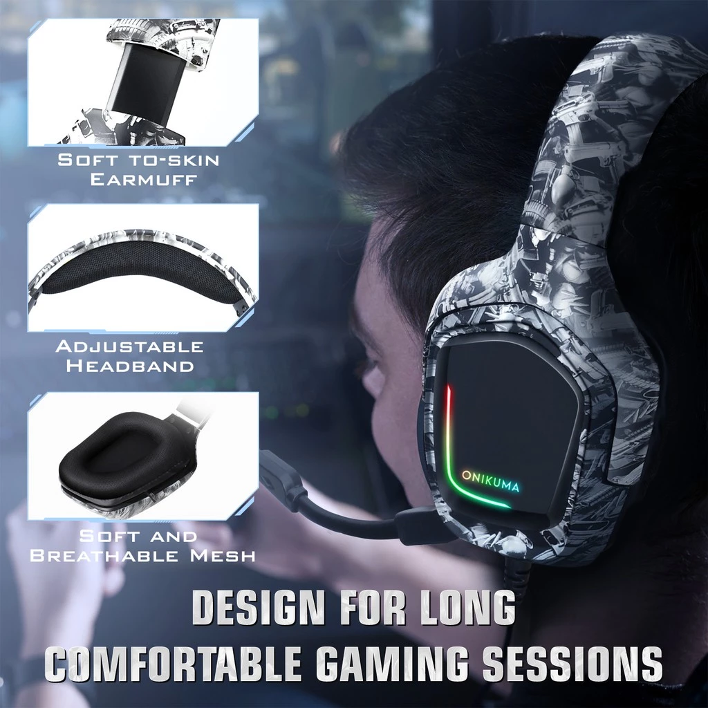 ONIKUMA K20 | 50mm Driver | 7.1 Surround Sound | Adjustable Omnidirectional Noise-Cancelling Microphone | Ergonomic | Wired RGB Gaming Headphones & Headsets (Camouflage Grey)