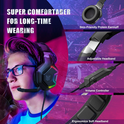 ONIKUMA K10 | 50mm Directional Driver | 7.1 Surround Sound | Noise Cancelling & Folding Microphone | Lightweight | Wired RGB Gaming Headphones & Headsets (Black)
