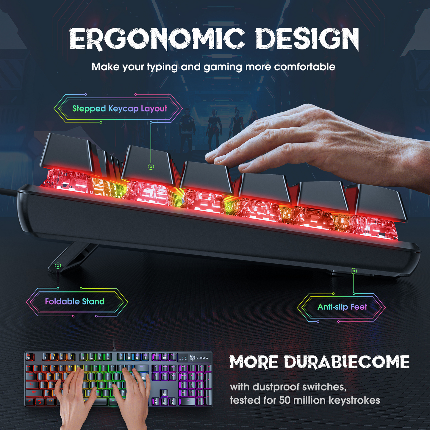 ONIKUMA G27 Chroma | Mechanical Switches | 29 Keys Anti-Ghosting | 6 Color Backlights + 8 Lighting Mode | Ergonomic Design | Wired RGB Gaming Keyboard
