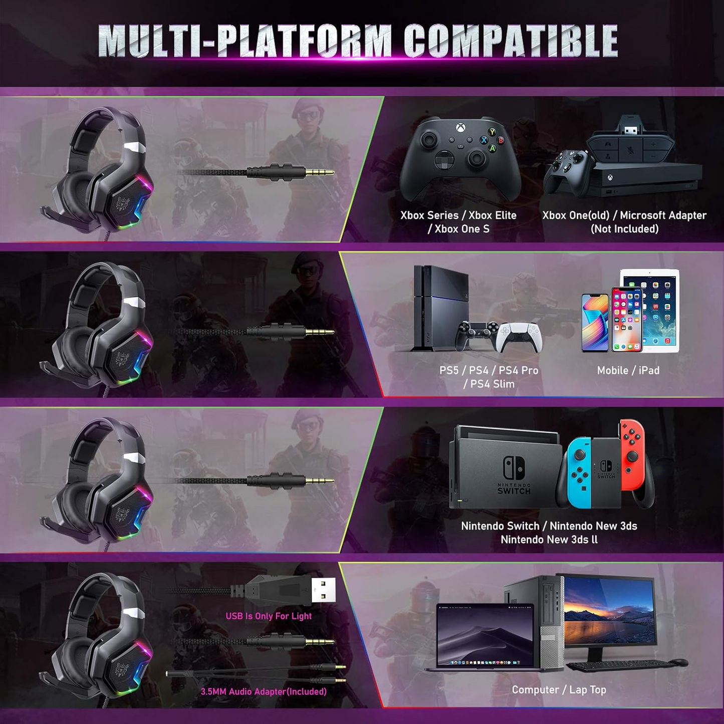 ONIKUMA K10 | 50mm Directional Driver | 7.1 Surround Sound | Noise Cancelling & Folding Microphone | Lightweight | Wired RGB Gaming Headphones & Headsets (Black)