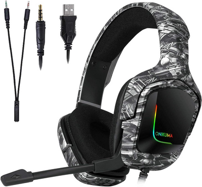 ONIKUMA K20 | 50mm Driver | 7.1 Surround Sound | Adjustable Omnidirectional Noise-Cancelling Microphone | Ergonomic | Wired RGB Gaming Headphones & Headsets (Camouflage Grey)