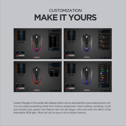 FANTECH X14 Rangers | Adjustable 500 - 4000DPI | Huano 20 Million Switch | 7 Programmable Buttons | Wired Customizable 16.8 Million RGB Gaming Mouse (Black)