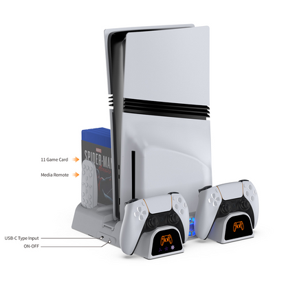 DOBE TP5-3532D Multi-Function Disc Holder & Console Cooling & Dual Controller Charging Dock For PS5 Fat / PS5 Slim / PS5 Pro (White)