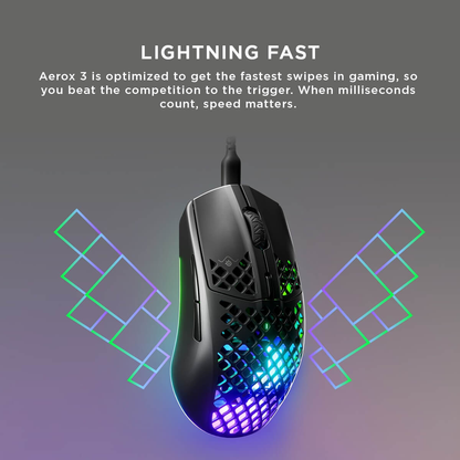 STEELSERIES Aerox 3 | 6 Programmable Buttons | Pixel-perfect TrueMove Core Optical Sensor + Max 8500 CPI | Mechanical Switches + 80K Clicks | Ergonomic | Ultra Light-weight | Wired RGB Gaming Mouse (Black)