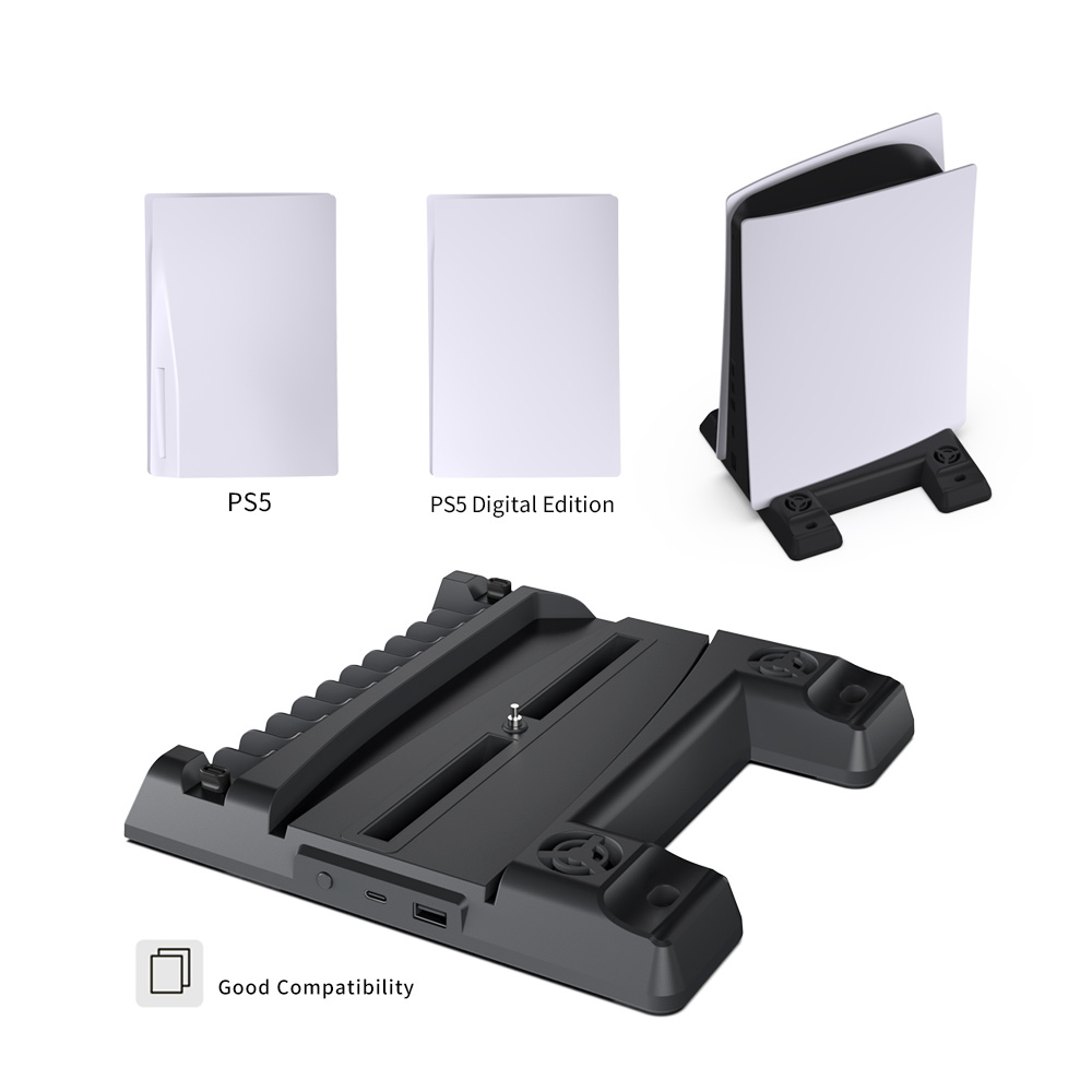 DOBE TP5-0593S Multi-Functional Headphone Holding & Disc Holding & Console Cooling & Dual Controller Type-C Charging Stand For PS5 / PS5 Slim / PS5 Pro (Black)